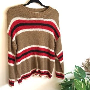 Tan + Red Striped Fuzzy Sweater
